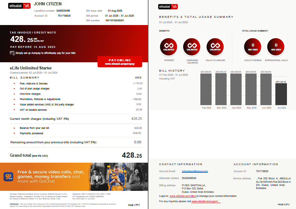 UAE Etisalat utility bill template in Word and PDF formats, 2 pages, version 3